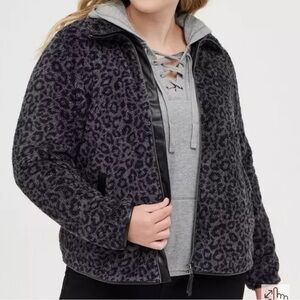 Torrid Women's Size 00 Sherpa Pu Trim Kimono Sweater Charcoal Leopard M Black